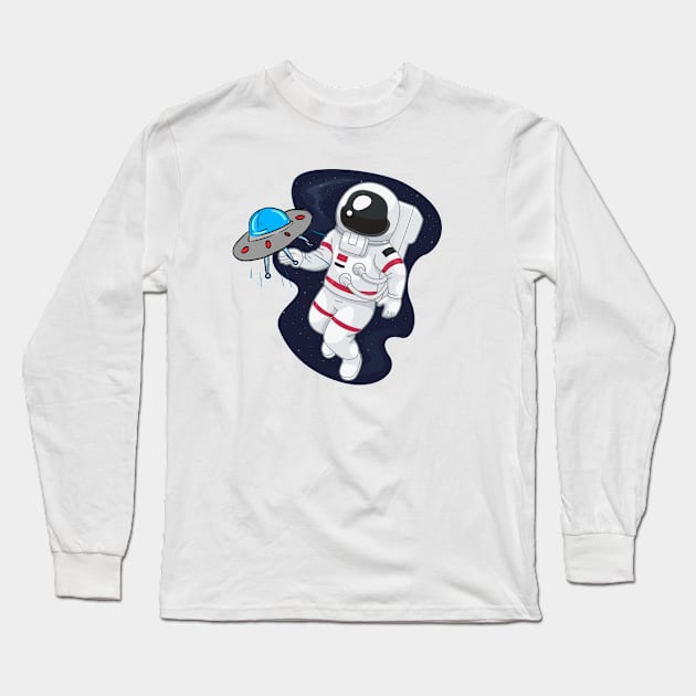 Astronaut in space with a UFO Long Sleeve T-Shirt by Elysian Alcove